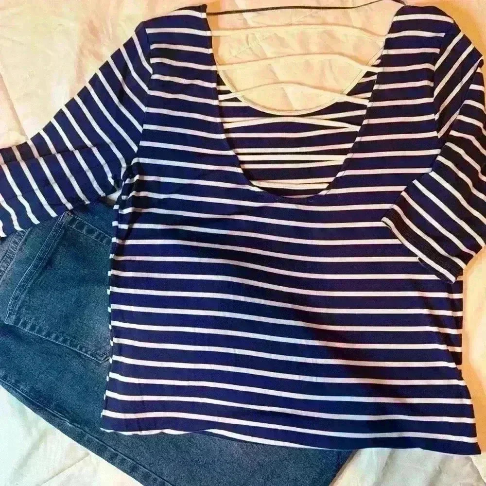 Navy blue and white striped casual strappy back top